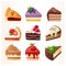 Bakery and pastry desserts with chocolate vanilla and strawberry flavours. Vector isolated delicious illustrations of cakes