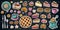 Bakery pastry sweets desserts objects collection shop cafe poster restaurant menu food.