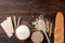 Bakery products on dark wooden. Baguette, toast bread, crispbreads and bread.