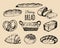 Bakery products set.Bread collection.Hand drawn loafs, croissant,bagel etc illustration with wicker basket.Pastry signs.