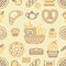 Bakery seamless pattern, food vector background of beige color. Confectionery products thin line icons - cake, croissant