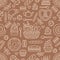 Bakery seamless pattern, food vector background of brown, white color. Confectionery products thin line icons - cake