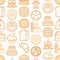 Bakery seamless pattern with thin line icons: toast bread, pancakes, flour, croissant, donut, pretzel, cookies, gingerbread man,