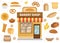 Bakery set icons with bread shop building, roll, loaf, cakes, bagels