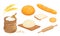 Bakery set. Vector bread, flour in sack, wheat ears, grain, raw dough