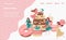 Bakery shop landing page with baked goods, cakes, donuts and pastries, cafe store tiny young girls vector flat template