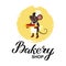 Bakery shop logo card. Typography hand drawn vector illustration, poster with mouse cook chef with hot pie in paws