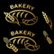 Bakery shop symbols. Golden simple icon of croissant, bread and spike grain on black background.