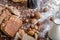 At the bakery, still life with bread, nuts and flour