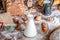 At the bakery, still life with bread, nuts and flour