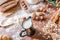 At the bakery, still life with bread, nuts and flour