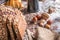 At the bakery, still life with bread, nuts and flour