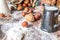 At the bakery, still life with bread, nuts and flour