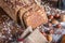 At the bakery, still life with bread, nuts and flour