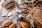 At the bakery, still life with mini Croissants, bread, milk, nuts and flour