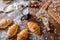 At the bakery, still life with mini Croissants, bread, milk, nuts and flour