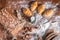 At the bakery, still life with mini Croissants, bread, milk, nuts and flour