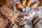 At the bakery, still life with mini Croissants, bread, milk, nuts and flour