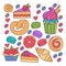 Bakery sweets colorful doodle icons vector set