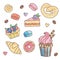 Bakery sweets doodle icons set