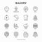 Bakery thin line icons set: toast bread, pancakes, flour, croissant, donut, pretzel, cookies, gingerbread man, cupcake, burger,