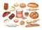Bakery of wheat flour product. Bread, loaf of rye and french baguette, cookie, cake, cupcake, buns, croissant and marble