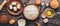 Baking background banner. Ingredients variety for cooking dough on a dark rustic table. The recipe for making chocolate cake and