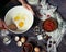 Baking background with ingredients for fruit and chocolate cake; selective focus