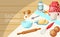 Baking cartoon tools and food seamless pattern. Kitchen utensils. Cooking vector illustration. Baking ingredients