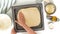 Baking cheese bread step by step. Woman gently unfurl dough onto prepared baking sheet.