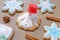 Baking of christmas gingerbread like melting snowman and snowflakes