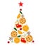 Baking Christmas tree from decor and cookies. Vector isolate in cartoon flat style on a white background.