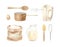 Baking equipment illustration - sack of flour, wooden spoon