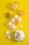 Baking flat lay background with eggs floor butter lemon sieve