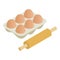 Baking icon isometric vector. Wooden rolling pin and chicken egg packing