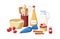 Baking ingredient, cooking utensil, kitchen tool composition. Bakery, confectionary stuff, food. Cupcake, milk in jug