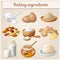 Baking ingredients cartoon vector icons set. Collection of cooking illustrations eggs, nuts, yeast, sugar, milk, powder