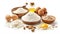 Baking ingredients displayed: flour, eggs, almonds, oil, wheat germ on white