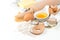 Baking ingredients eggs, flour, yeast, sugar, butter