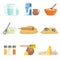 Baking Ingredients And Kitchen Tools And Utensils Set Of Realistic Cartoon Vector Illustrations With Cooking Related