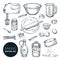 Baking ingredients and kitchen utensil icons. Vector flat cartoon illustration. Cooking and recipe design elements