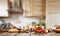 Baking ingredients placed on wooden table