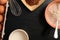 Baking ingredients on a stone table: eggs, flour, sugar and cacao