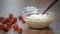 Baking ingredients and utensils for cooking sponge cake. Process cooking sponge cake. Woman mixing the dough.