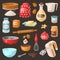 Baking pastry prepare cooking ingredients kitchen utensils homemade food preparation baker vector illustration.