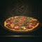 Baking pizza in home oven. Food background. Home cooking. Delicious pizza with fresh ingredients, tomatoes, arugula and cheese