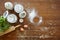 Baking scene flour and eggs on wooden table