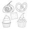 Baking set: cupcake, cookies, cupcake, cake. Doodle style vector illustration.