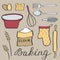 Baking set. Hand-drawn cartoon utensils and ingridients. Doodle drawing.