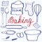 Baking set. Hand-drawn cartoon utensils and ingridients. Doodle drawing.